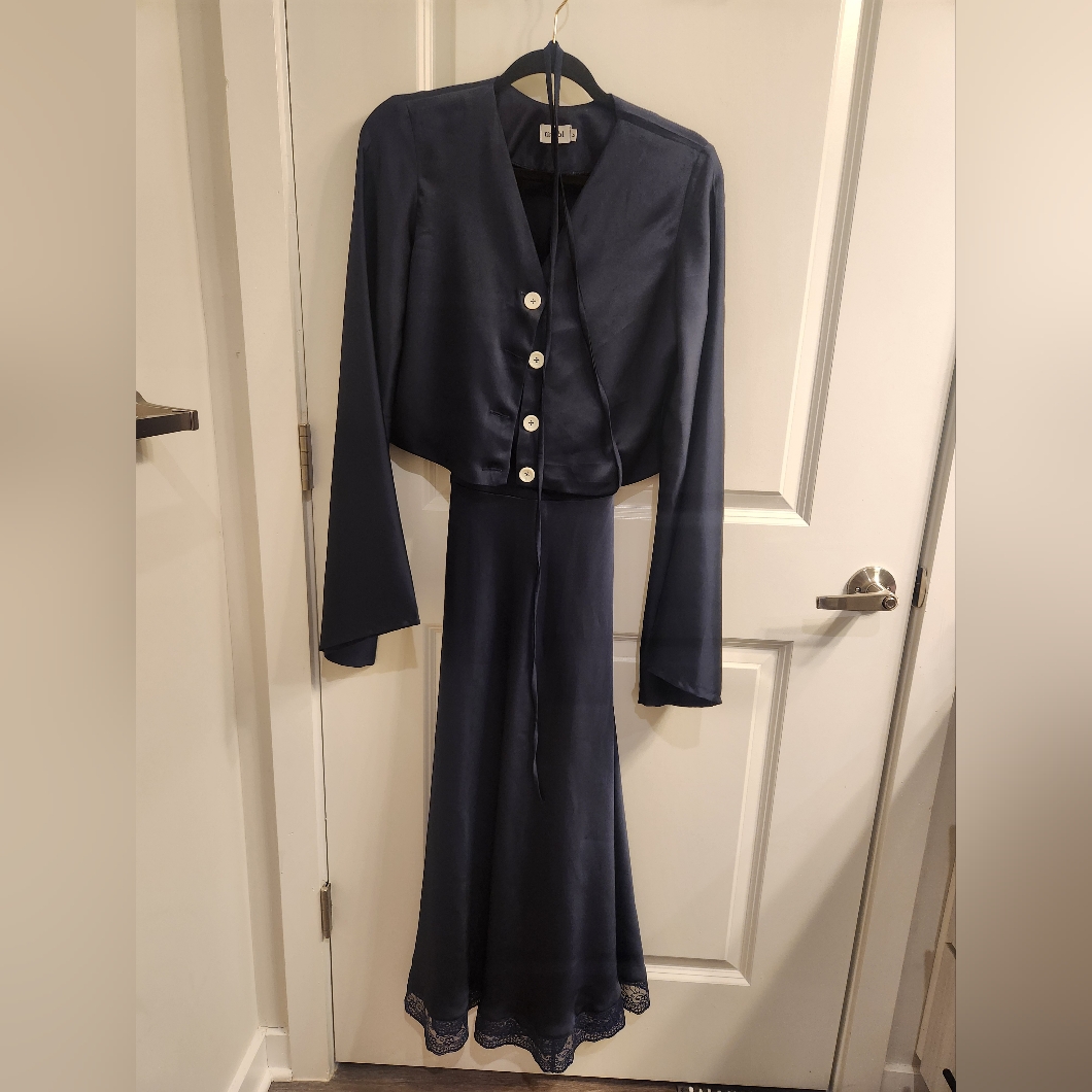 Marbl Navy Date Night Silk Dress And Button Down Chemise Set Nwot